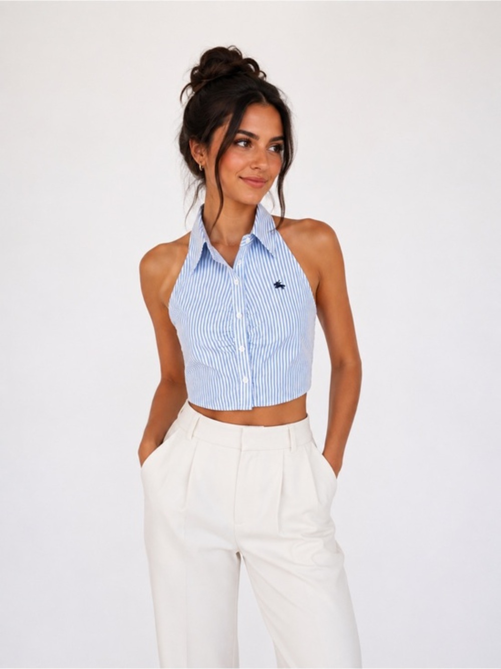 Blue Striped Halter Crop Top | Size Small